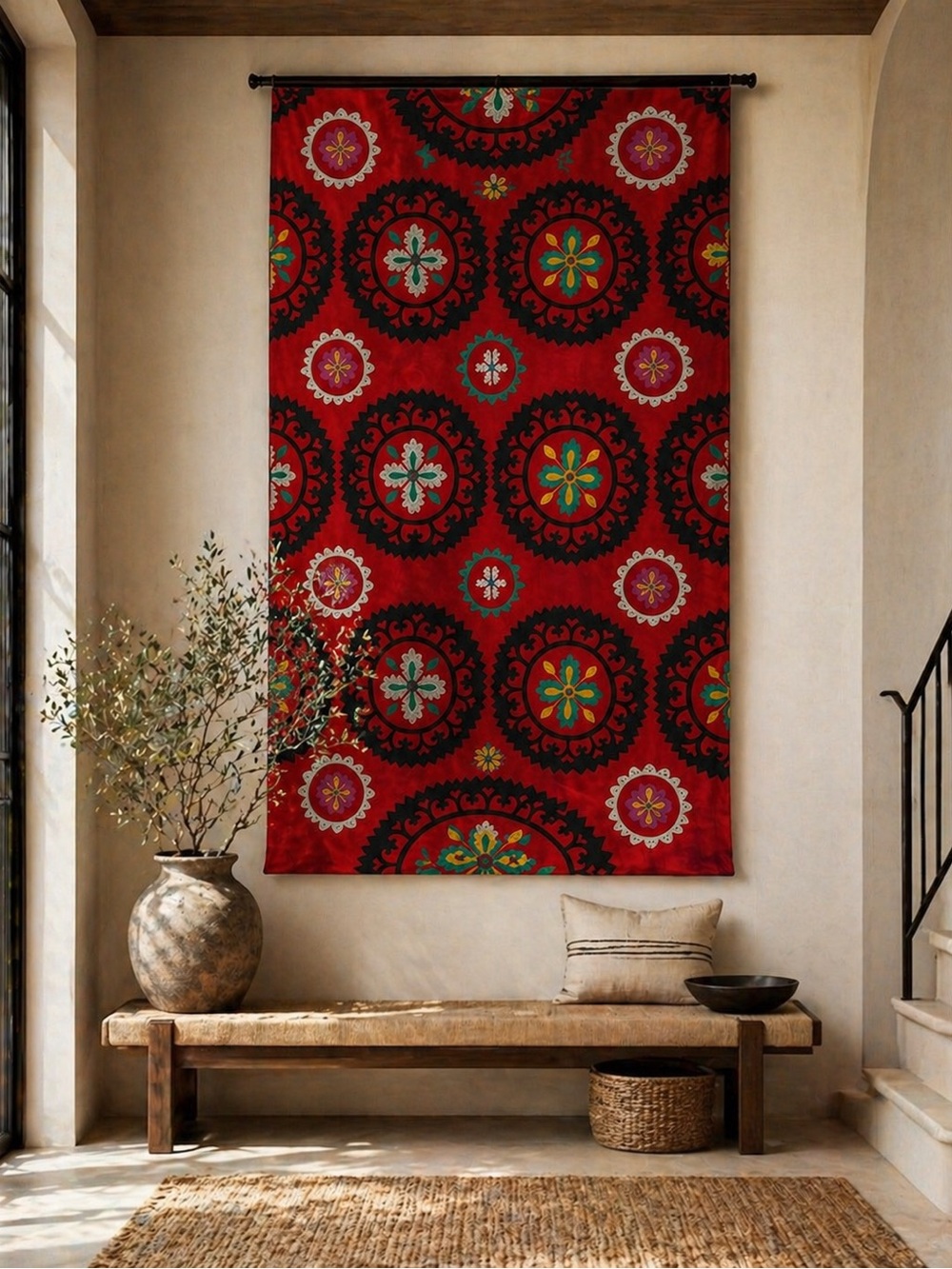 Vintage Uzbek Suzani Embroidery Cotton  Handmade Wall Hanging Textile #08252510